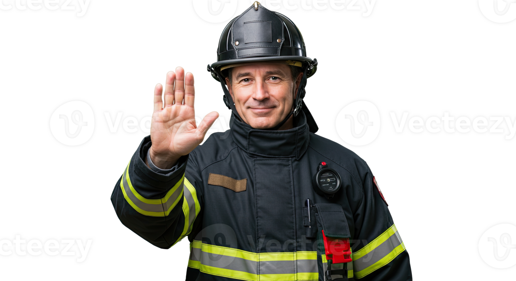 Firefighter in protective gear with hand raised gesturing a stop or greeting png