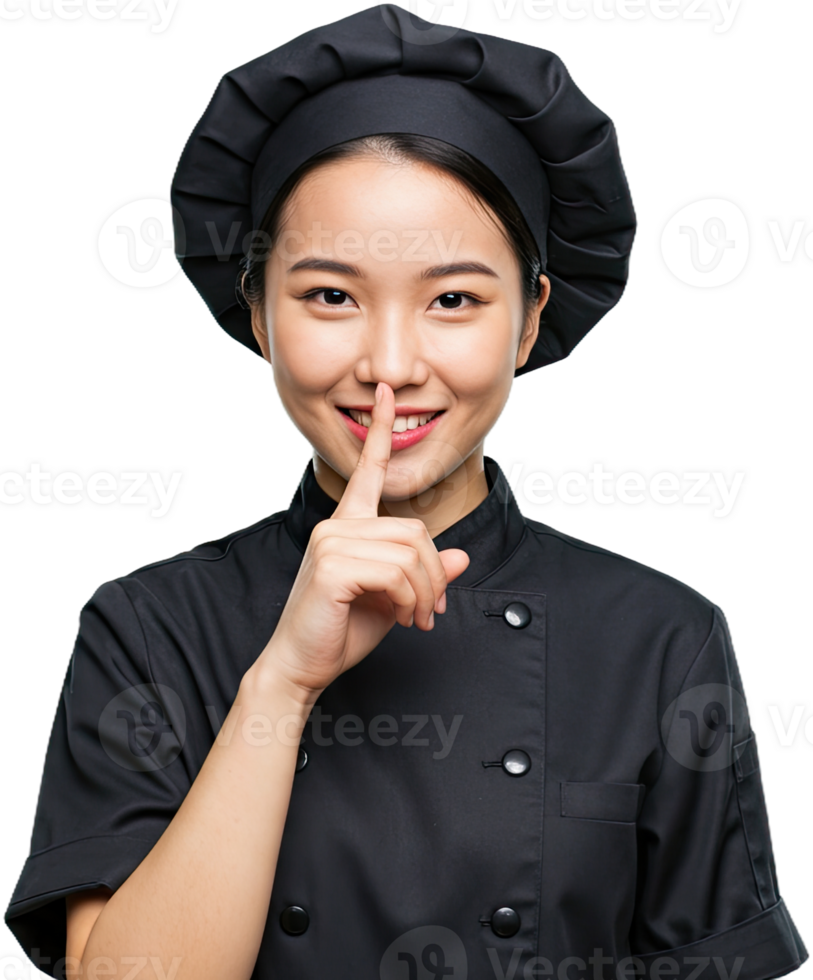 Smiling Asian chef in black uniform gesturing silence with finger to lips png