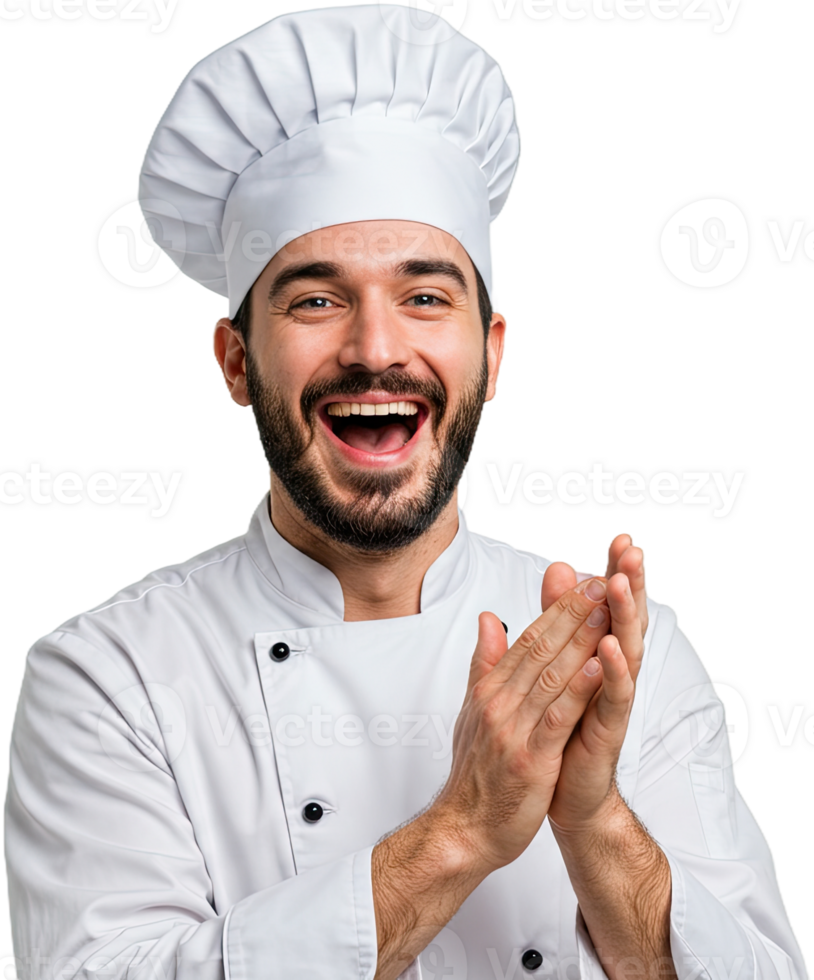 Cheerful male chef in white uniform clapping hands with a big smile on his face png