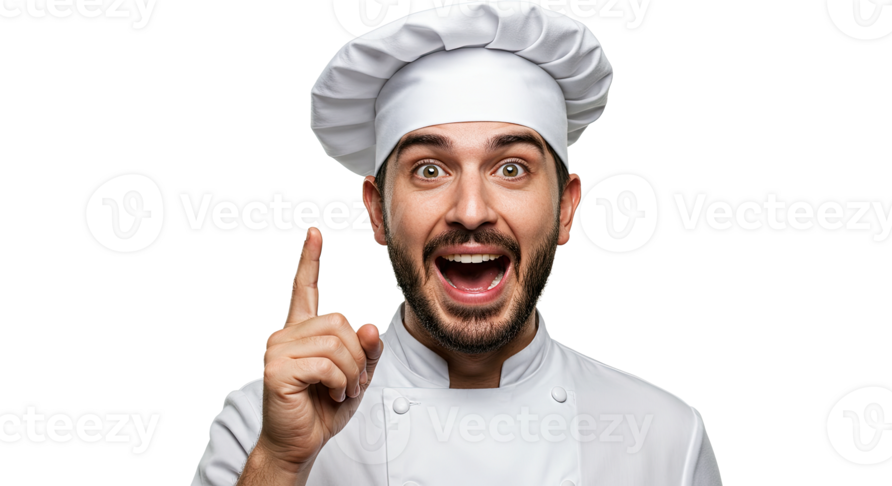 Cheerful chef with an open mouth pointing upwards with his index finger png