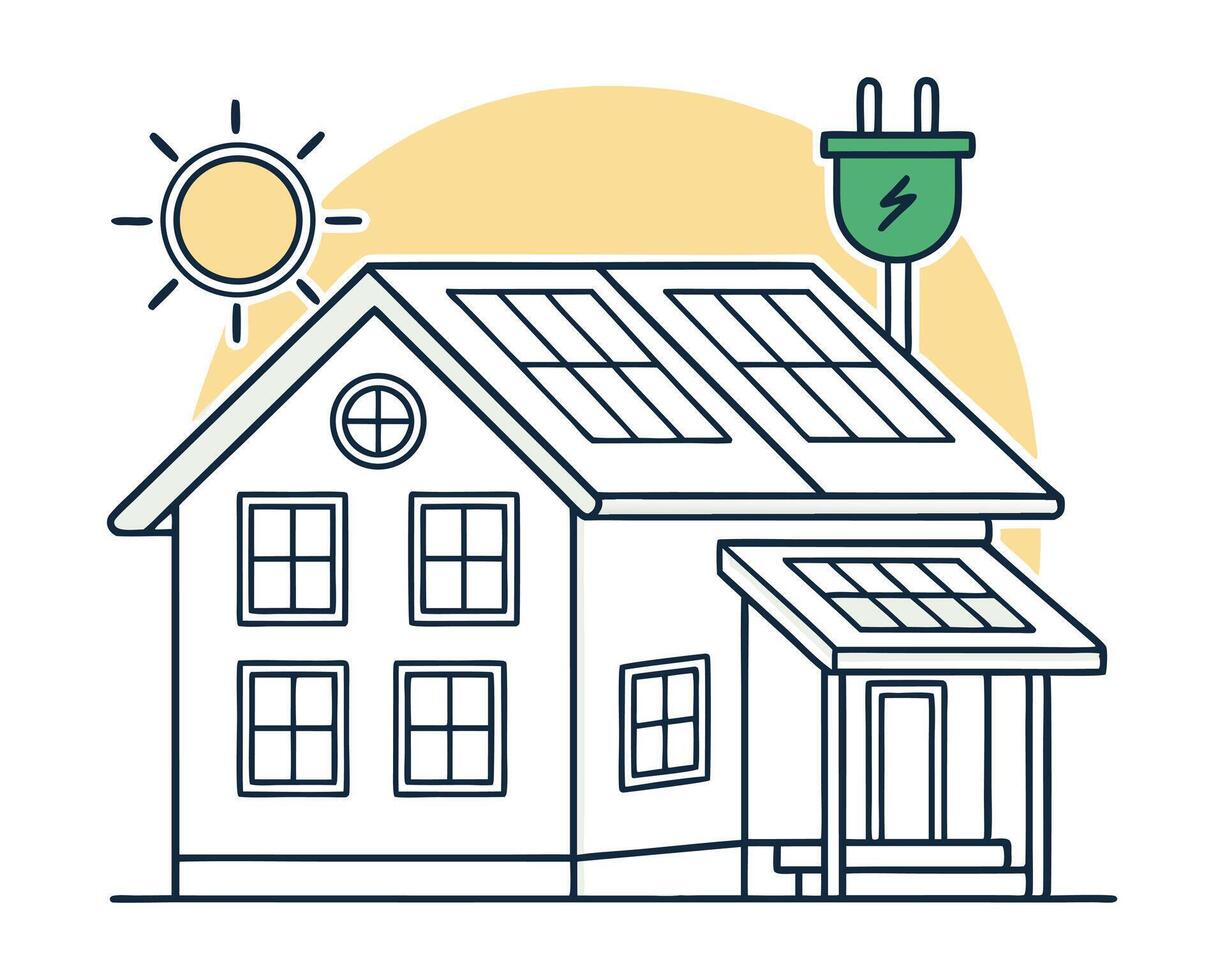 Modern house powered by solar energy with solar panels on the roof illustrated. vector