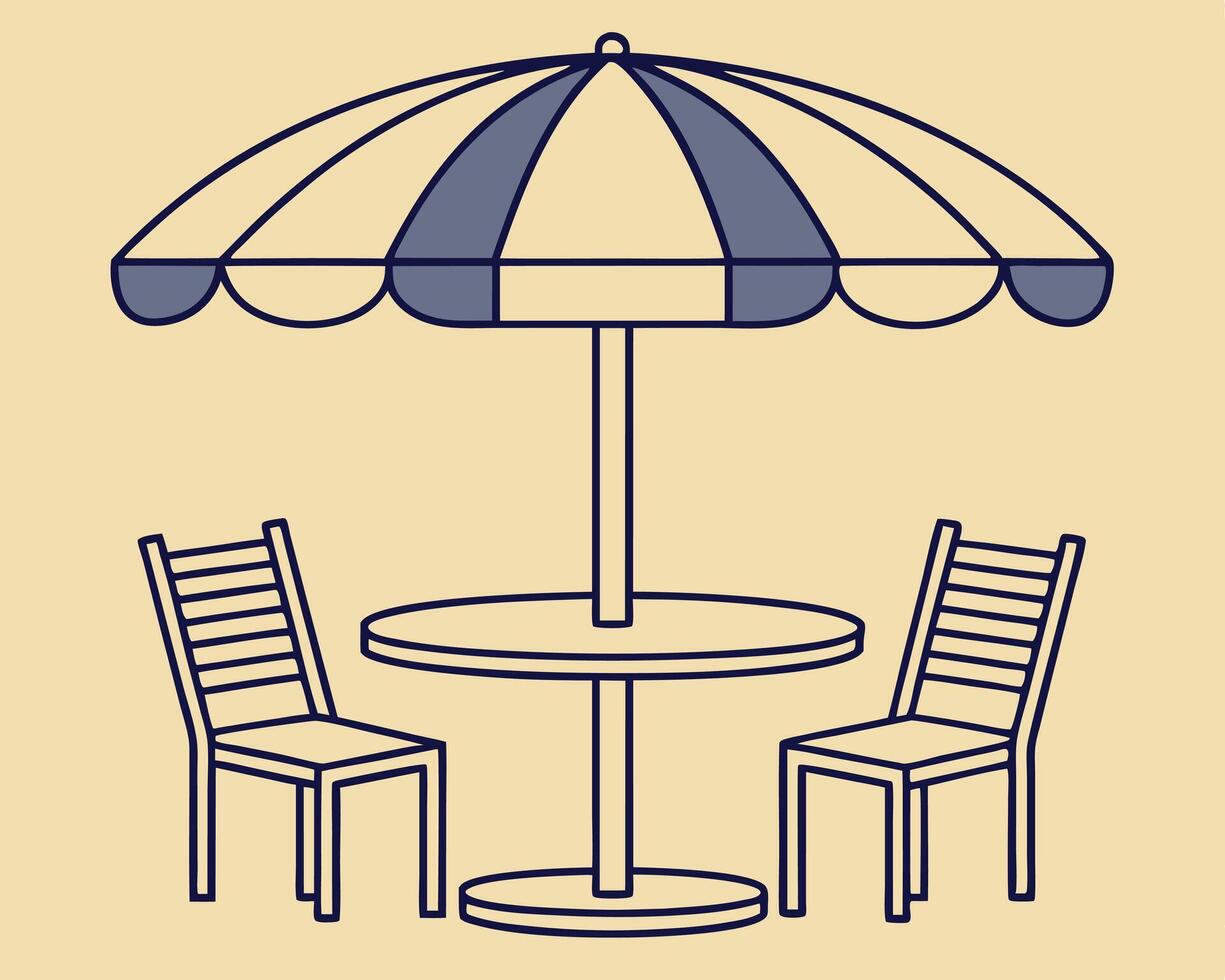 Outdoor patio set illustration with umbrella table and chairs in minimalist style vector
