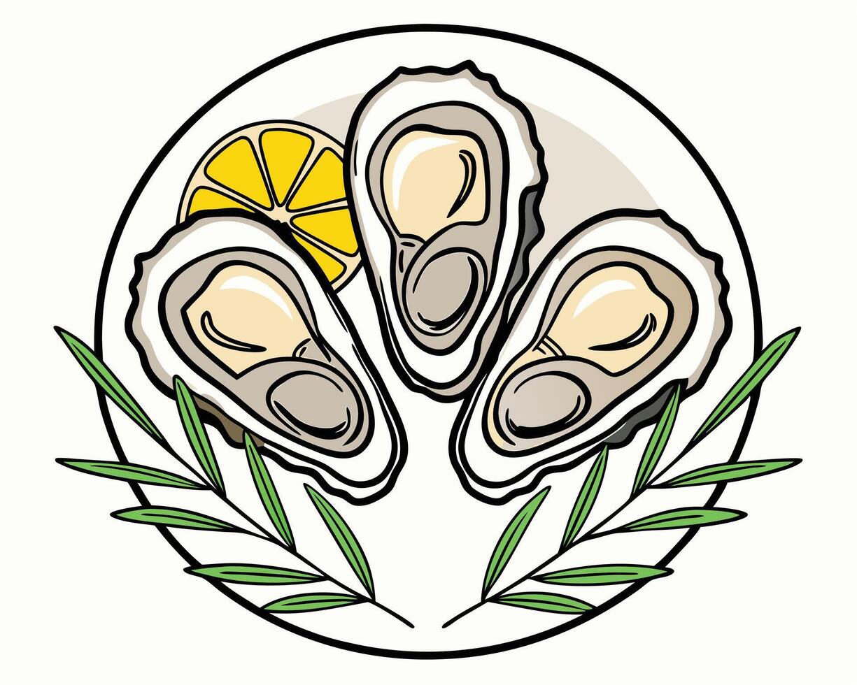 Freshly shucked oysters on a white plate garnished with lemon and greenery illustration vector