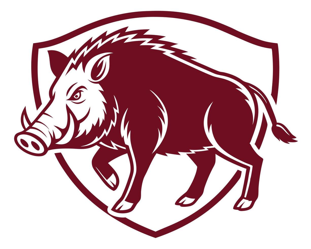 Maroon colored illustrated wild boar emblem on a white background in a shield shape vector