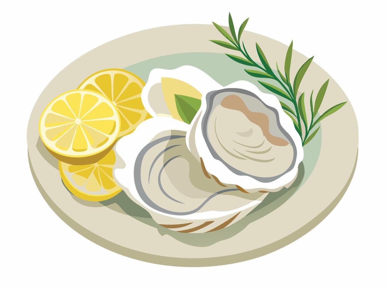Freshly shucked oysters served on a plate with lemon slices and fresh rosemary illustration vector