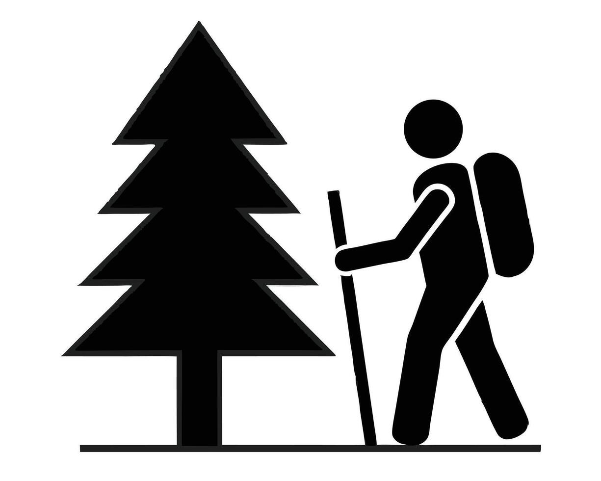 Black silhouette of hiker with backpack and hiking stick near a pine tree on white background vector