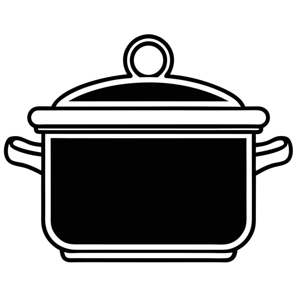 Simple black and white illustration of a cooking pot with lid and handles isolated on white vector