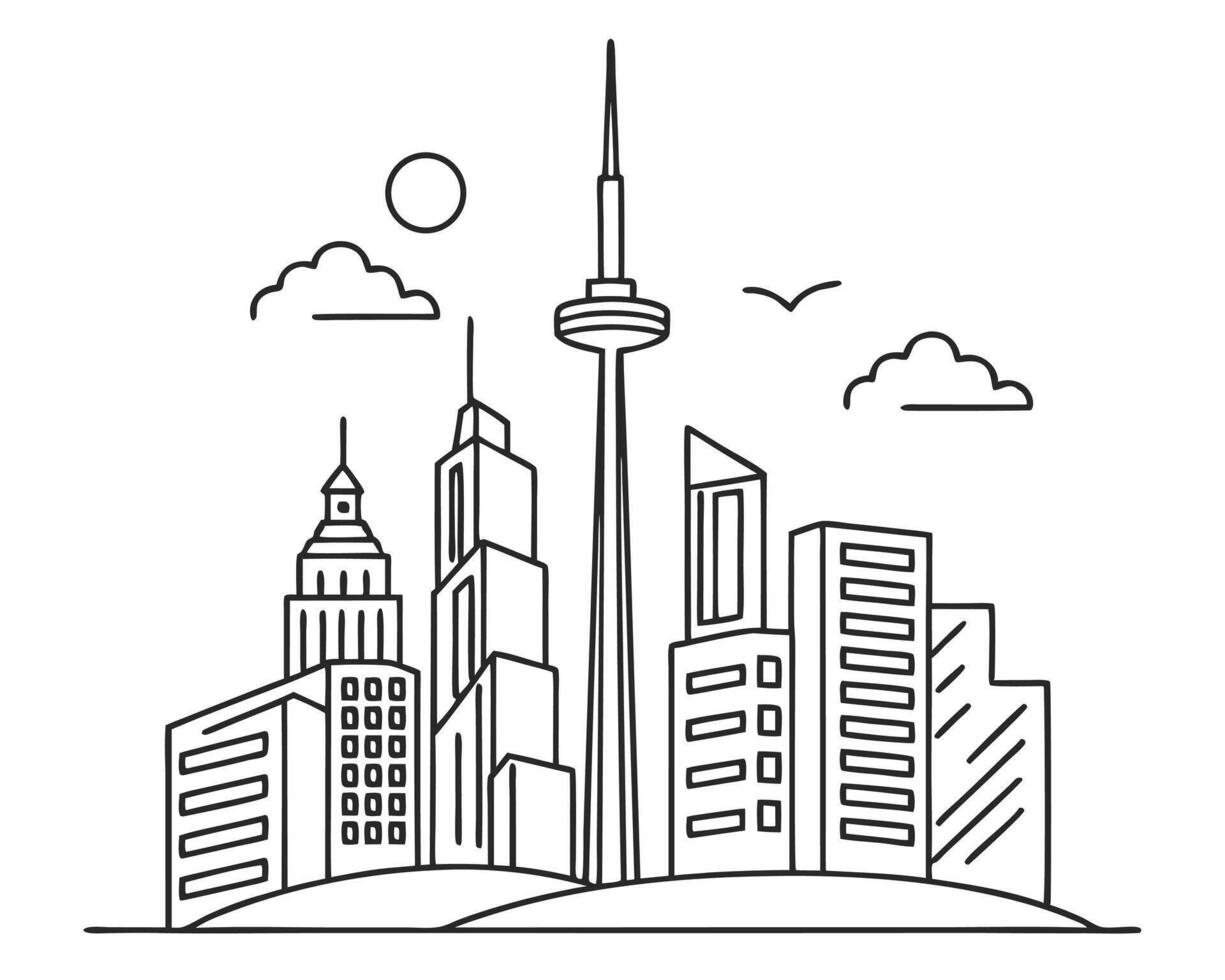 Minimalist toronto skyline illustration depicting cityscape cn tower buildings line art vector