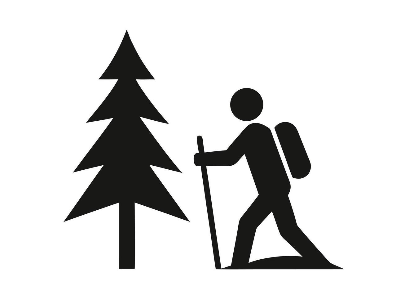 Silhouette of a hiker with backpack and walking stick near a pine tree in nature vector