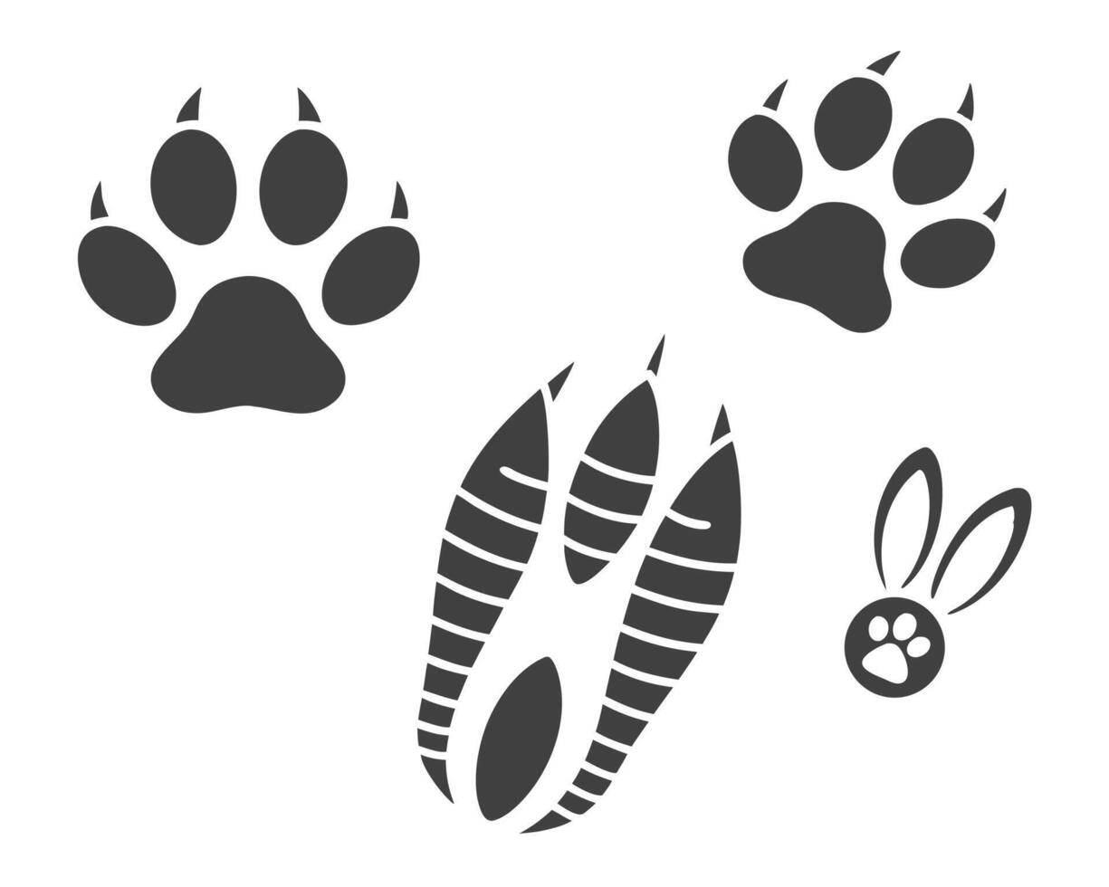 Various animal paw prints and tracks in dark grey against a clean white background vector