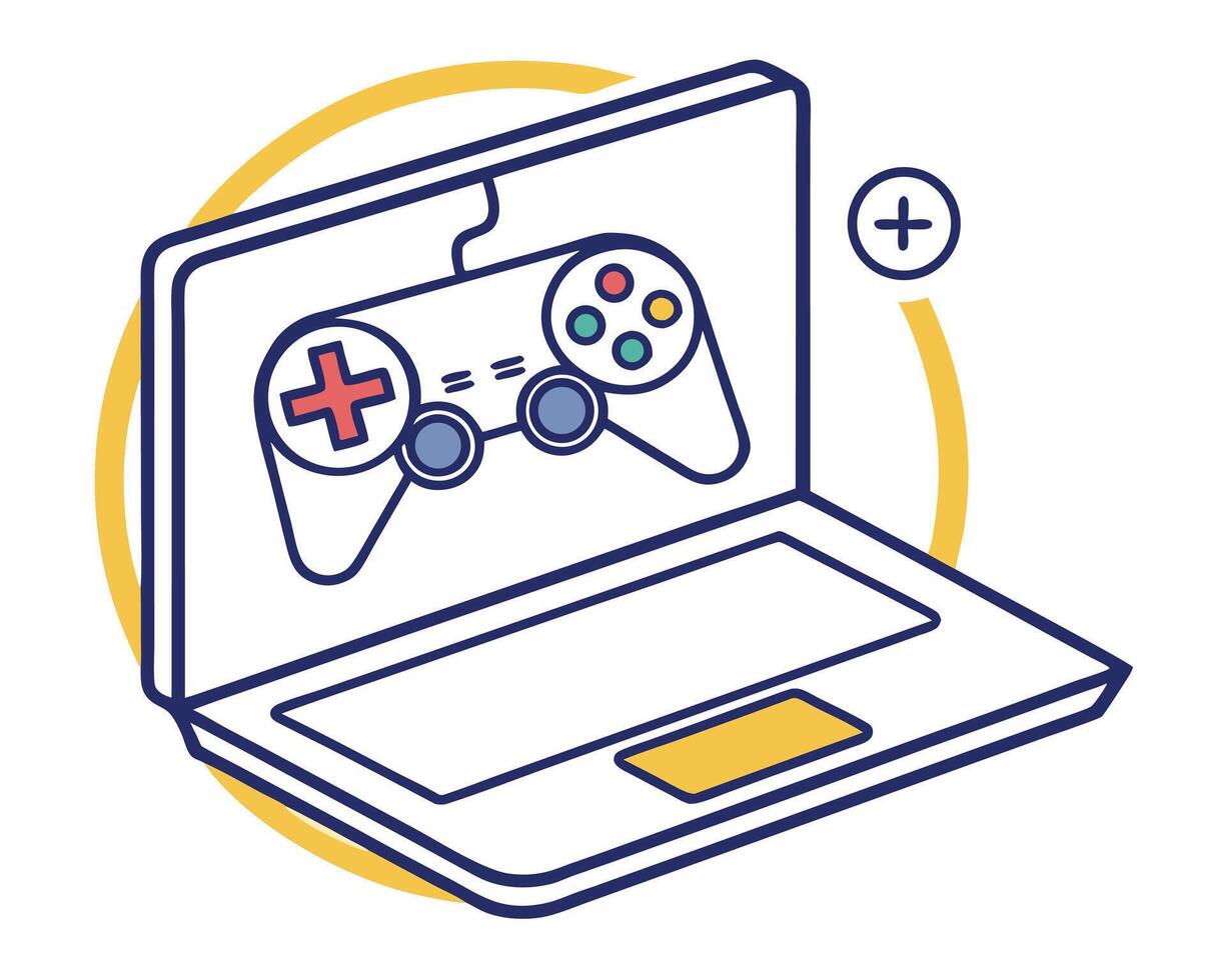 Laptop with gaming controller and a plus sign suggesting online game features. vector