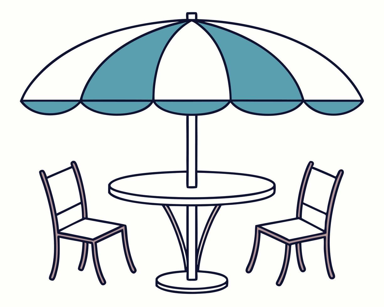 Outdoor restaurant setting with round table two chairs and striped beach umbrella illustration vector