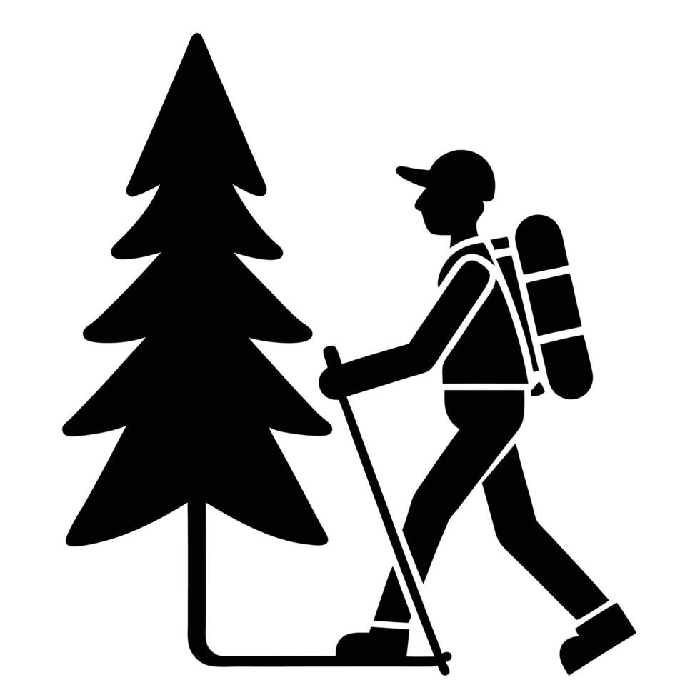 Silhouette illustration of hiker trekking with a backpack and ski poles near a pine tree. vector