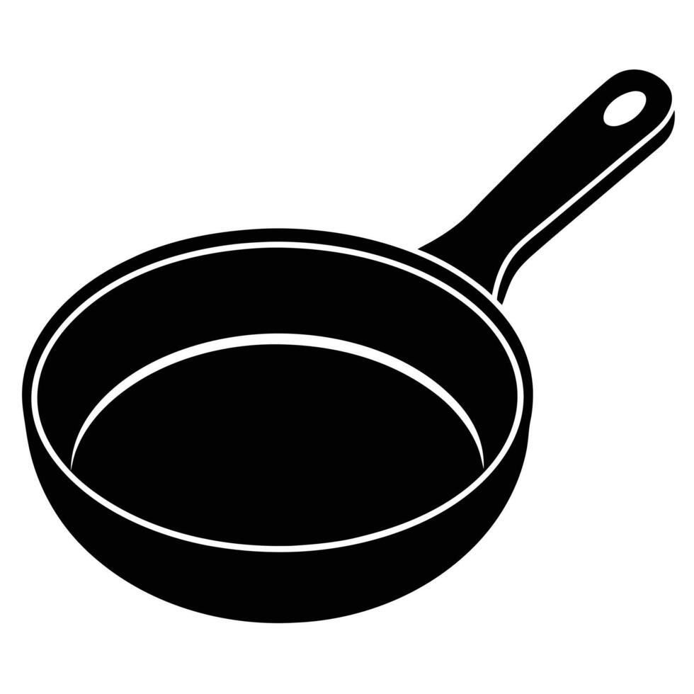 Black and white illustration of a frying pan for cooking food in a simple kitchen setting. vector