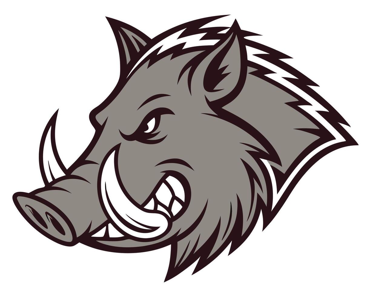Fierce wild boar mascot in grey and white illustration for sport logos vector