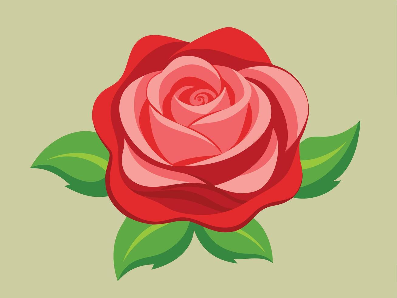 Artistic illustration of a vibrant red rose with lush green leaves and a neutral background vector