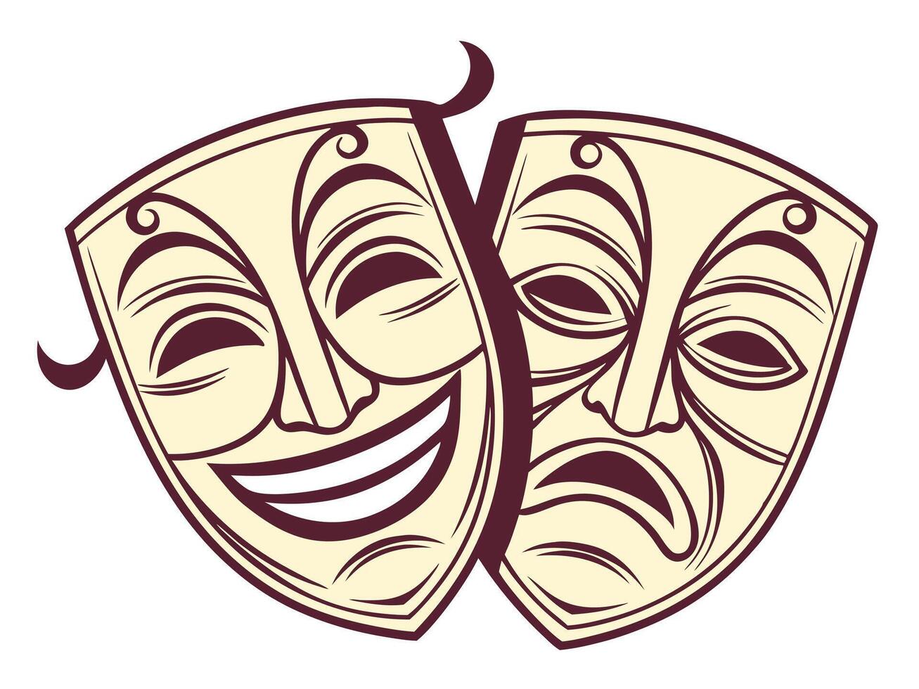 Classic theatre masks illustrating comedy and tragedy featuring dramatic artistic design and style vector