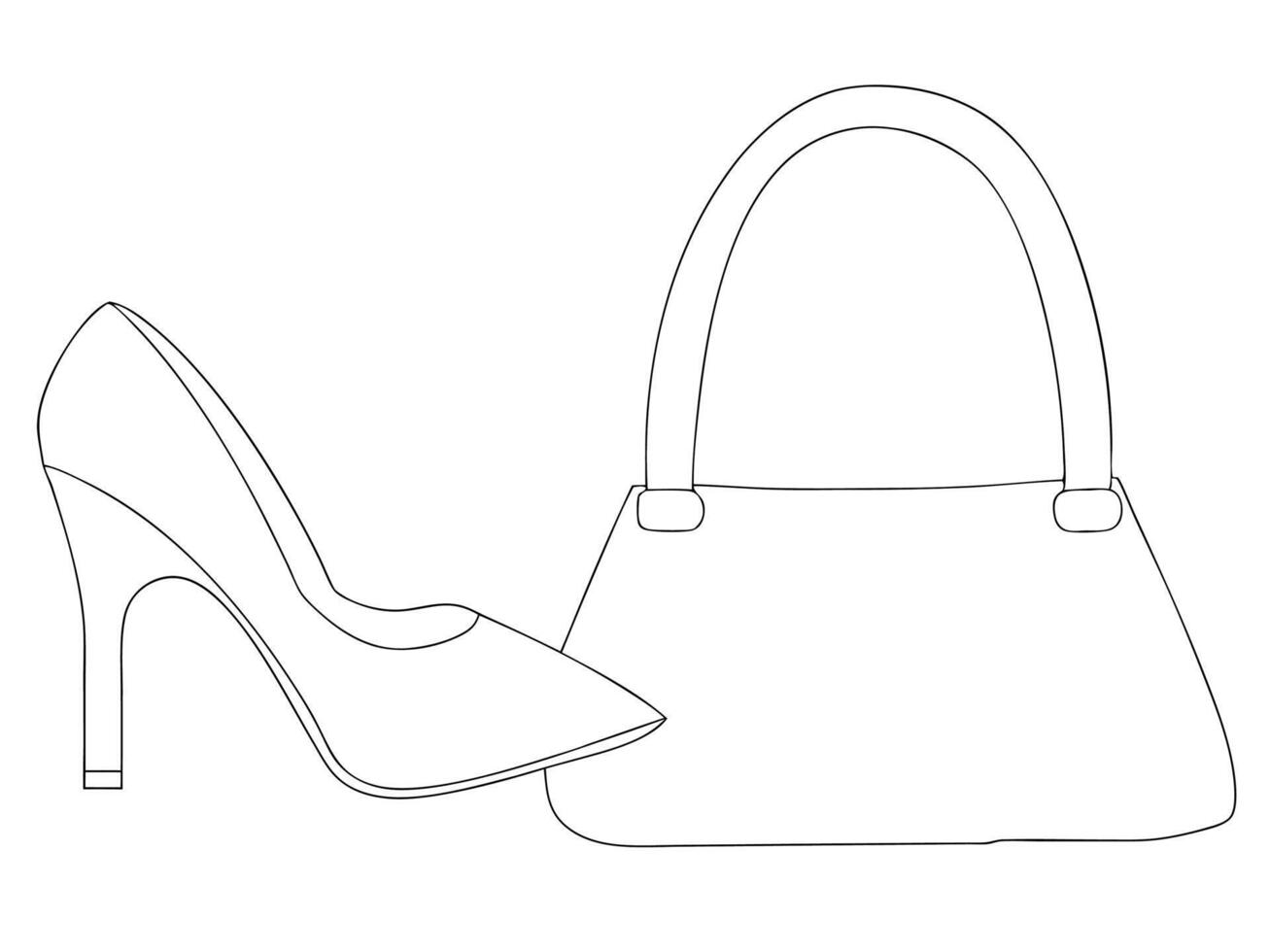 Simple outline illustration of high heeled shoe and handbag in a minimalistic style for fashion designs vector