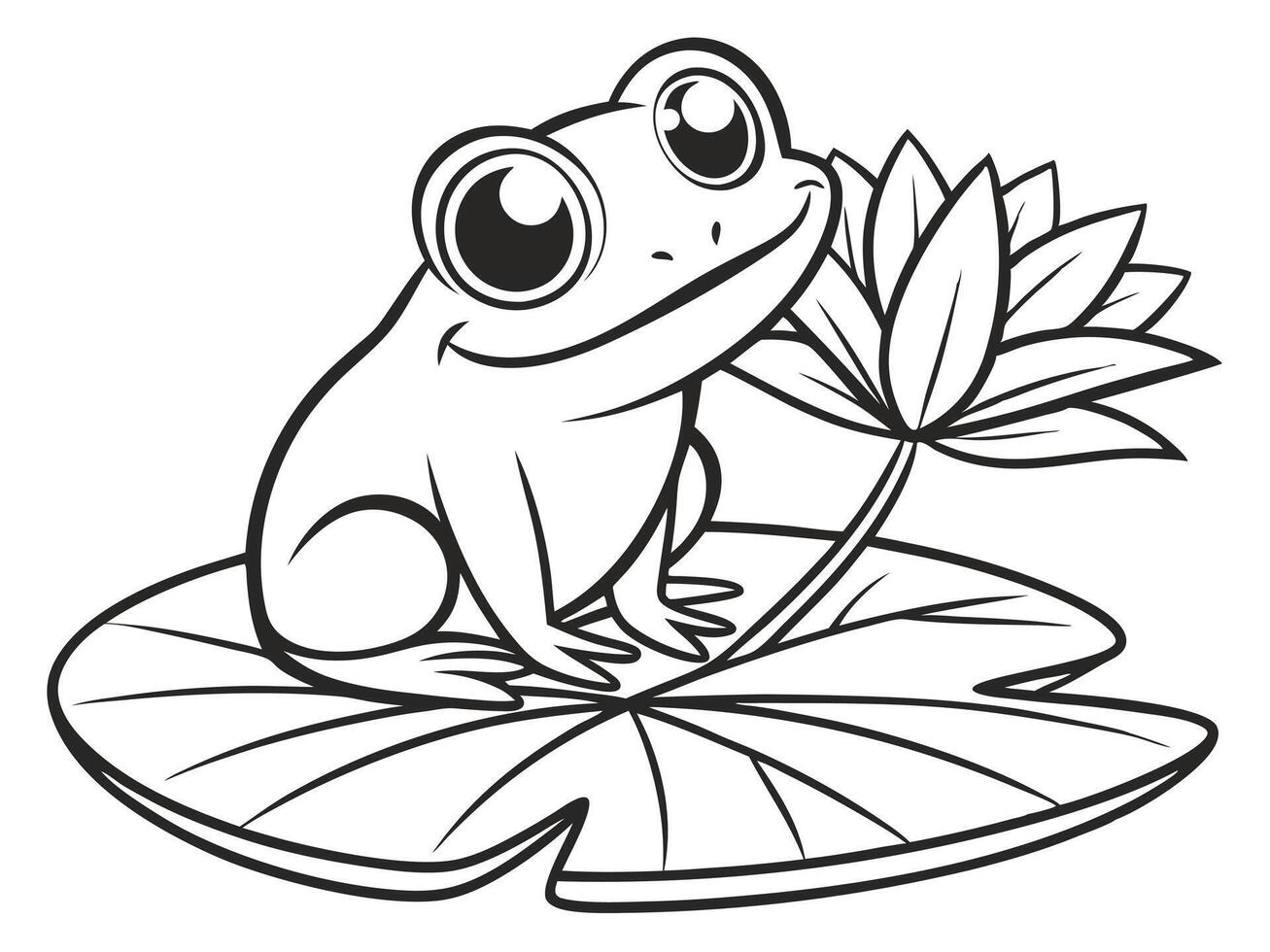 Adorable cartoon frog sitting on a lily pad with a smiling expression and cute details vector