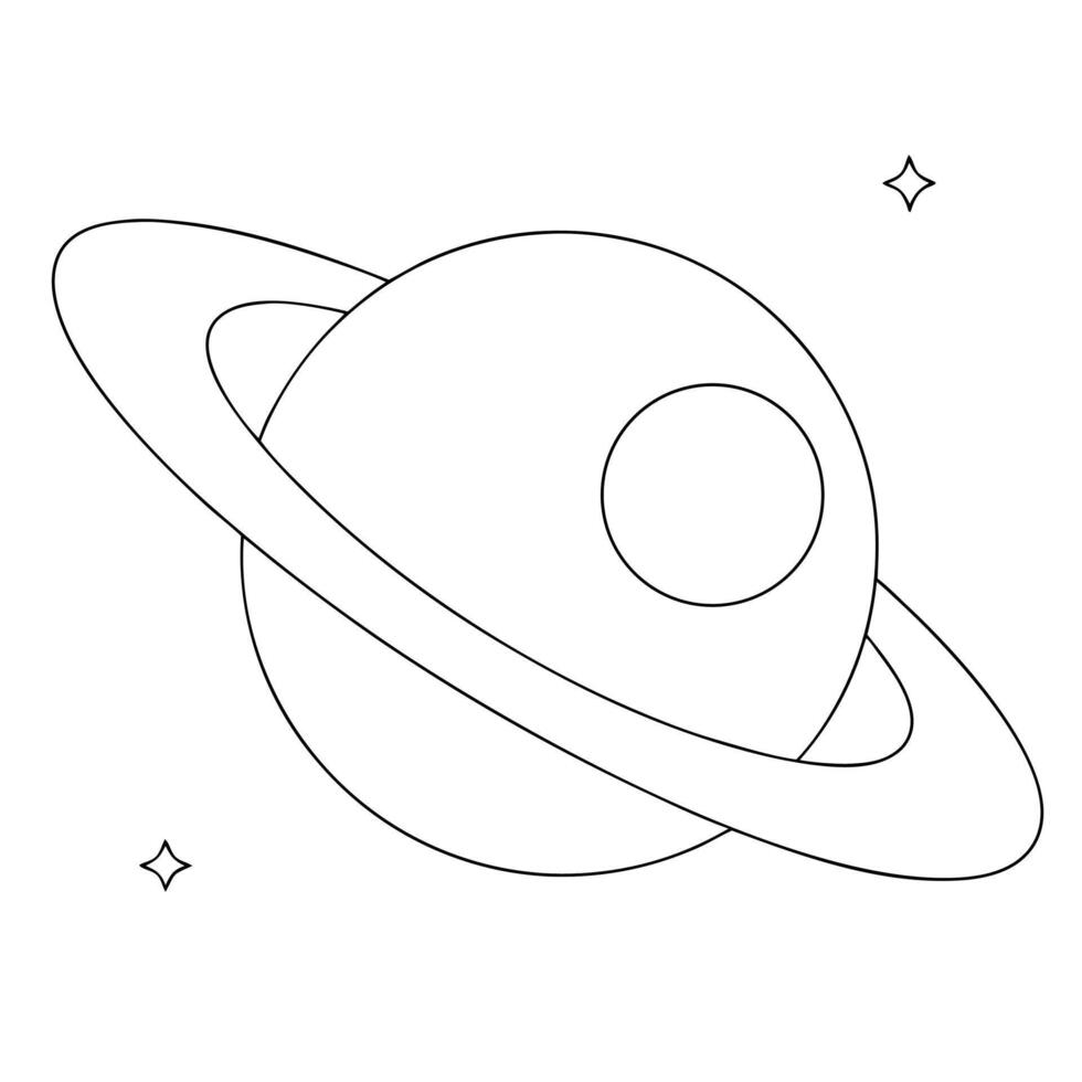 Black and white outline illustration of a planet with rings and stars in the universe vector