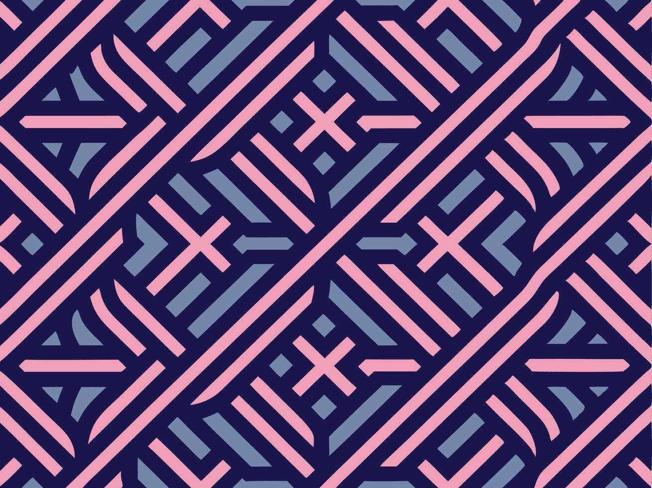 Intricate geometric abstract seamless pattern featuring pink and blue intersecting shapes over dark navy background. vector