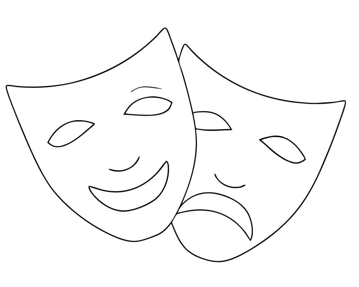 Outline of comedy and tragedy theater masks representing happiness and sadness in minimalist design. vector