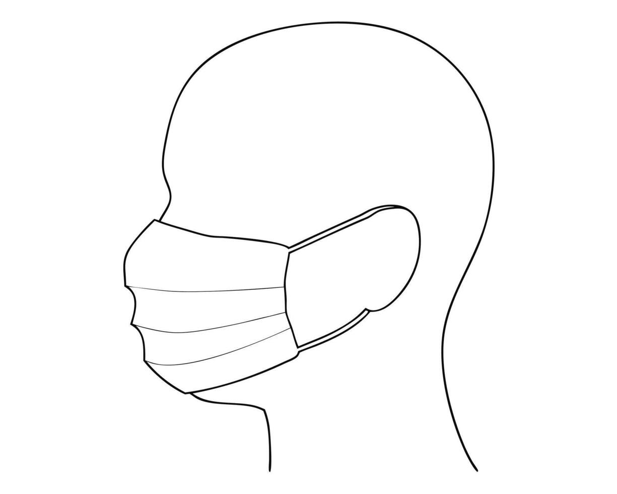 Outline illustration of a person wearing a medical face mask protecting themselves from illness. vector