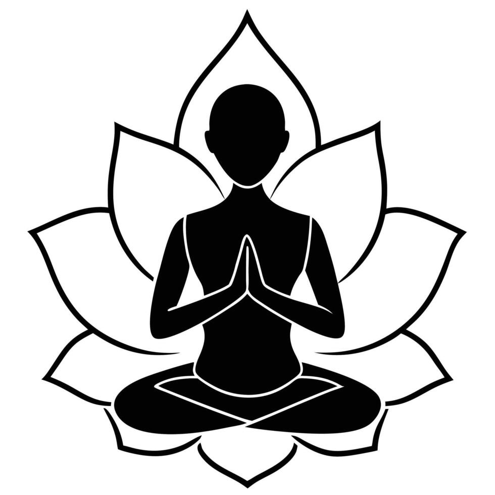 Black and white silhouette of a person meditating in lotus position with flower petals background vector