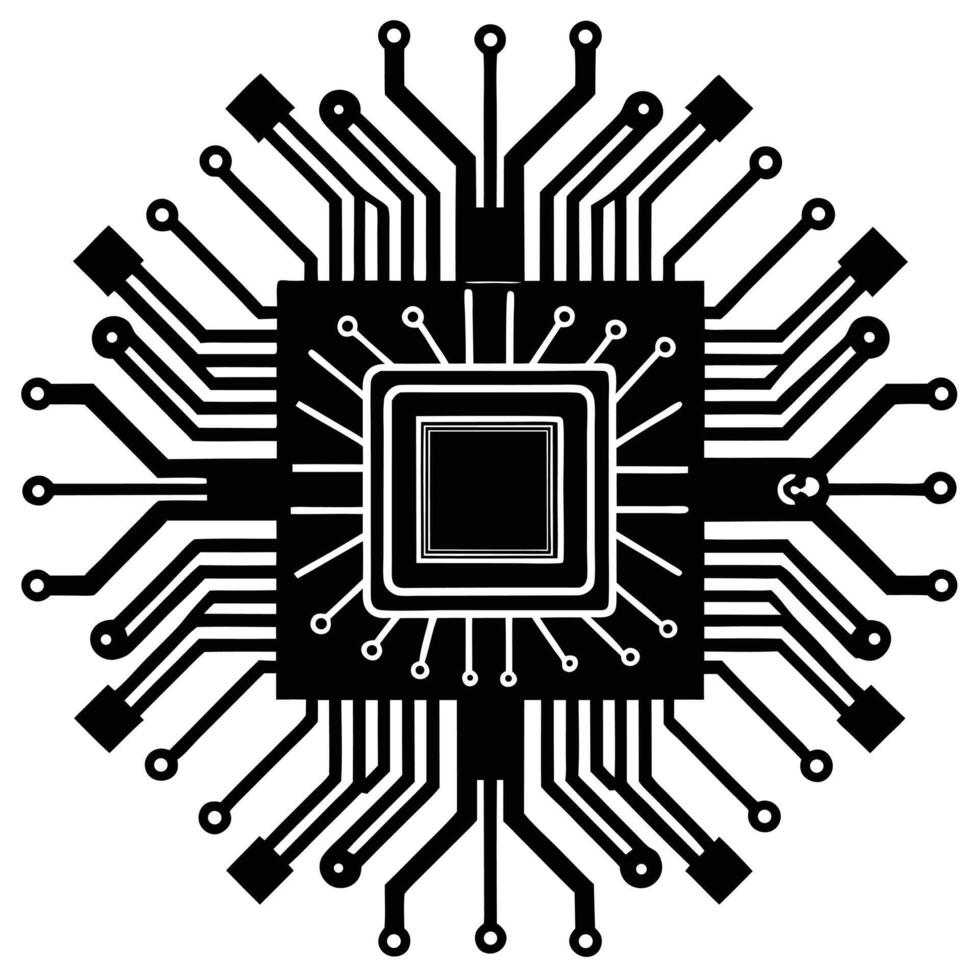 Black and white silhouette illustration depicting a modern central processing unit and integrated circuit design vector