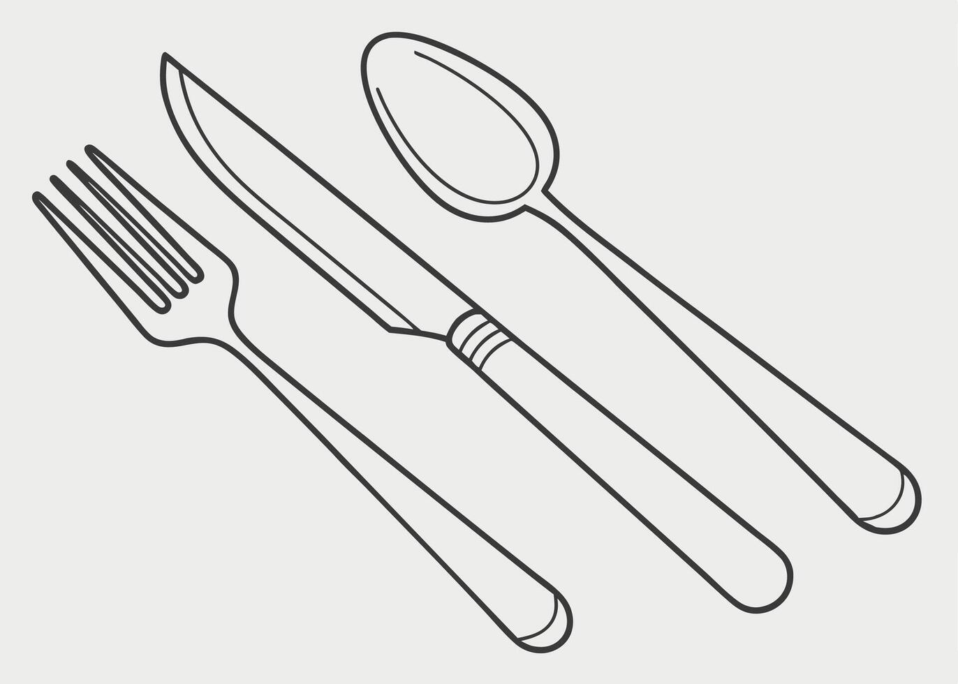 Elegant line art illustration depicting dining utensils fork knife and spoon arranged on a light background vector