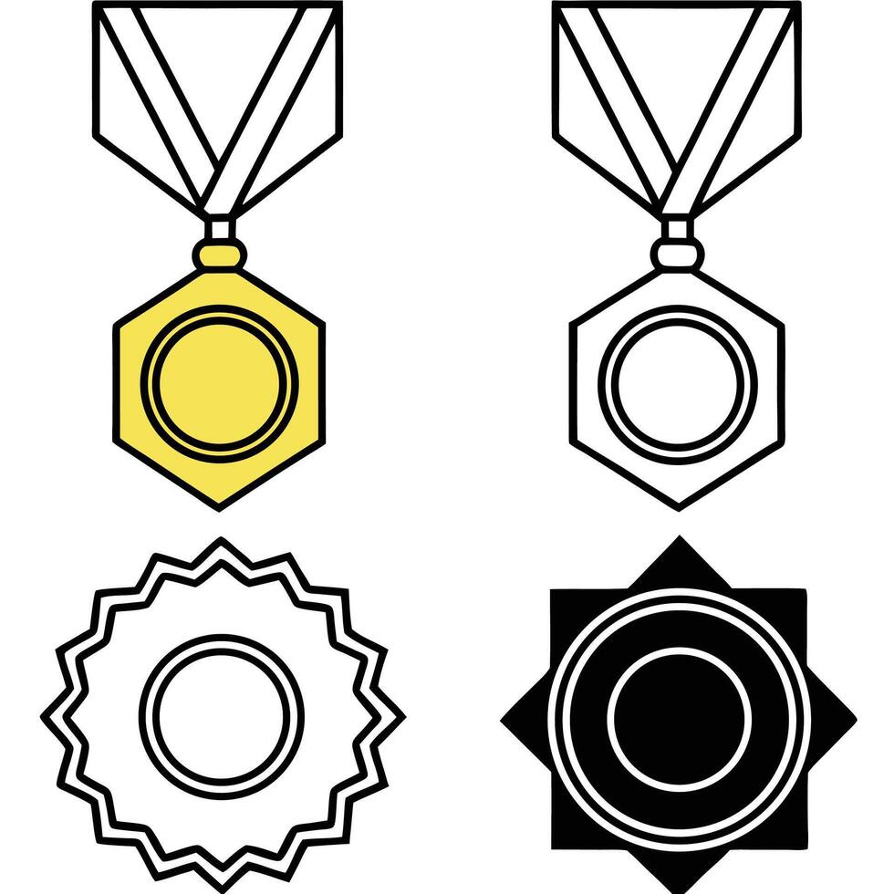 Four different medal designs with various shapes and ribbon details in contrasting black and white vector