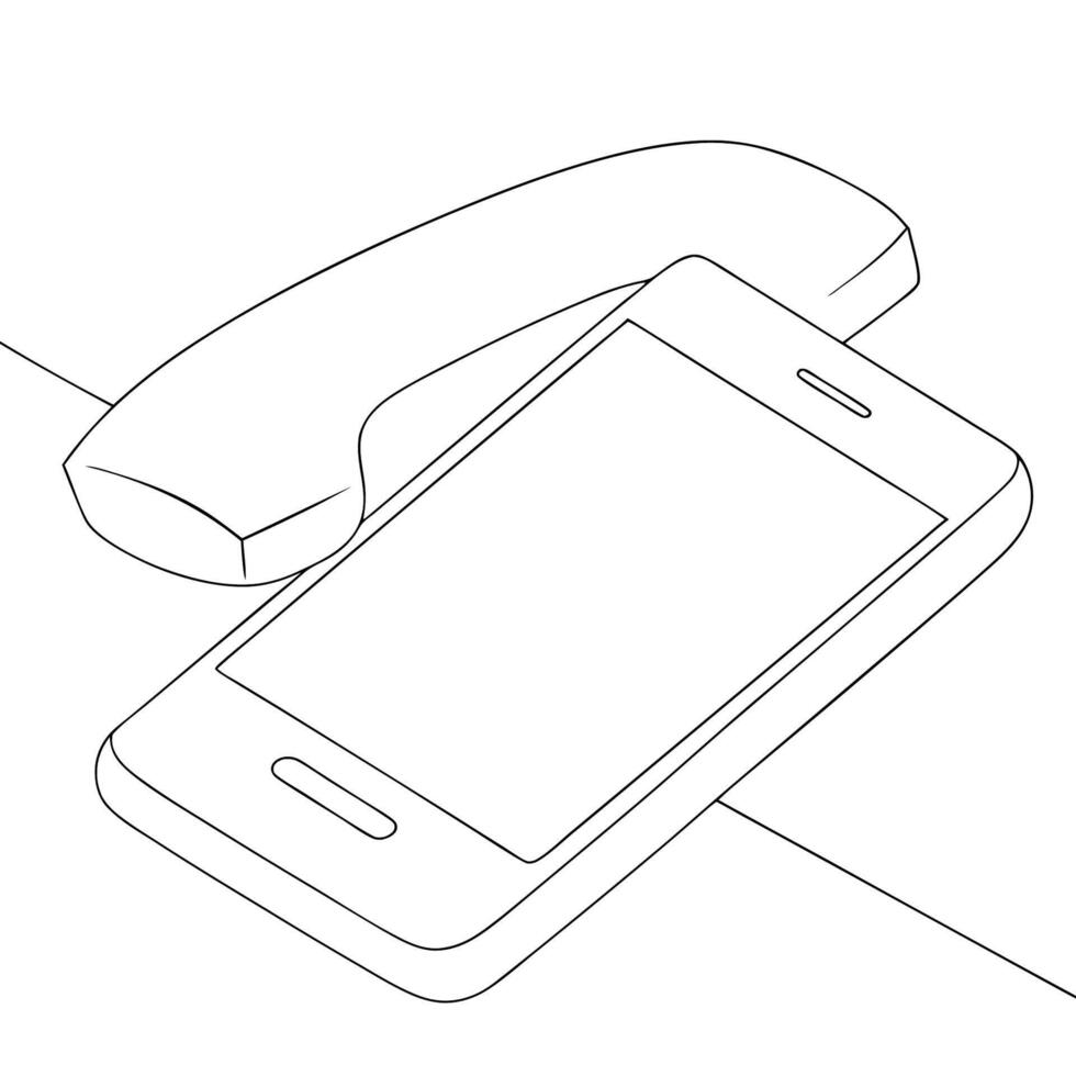 Black and white isometric illustration of a landline telephone handset next to a smartphone vector