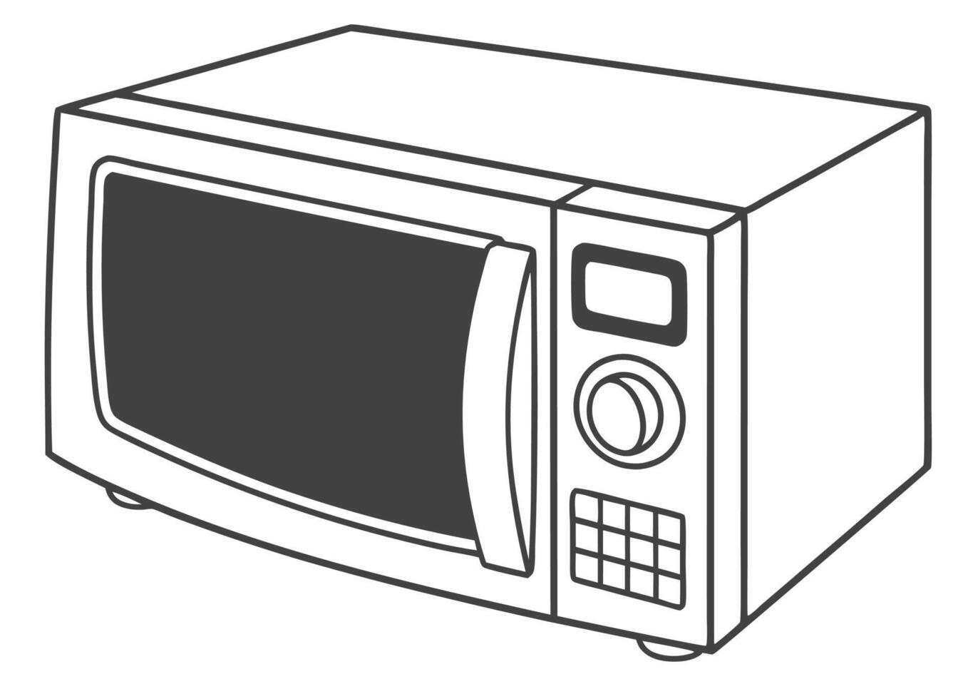 Simple black and white illustration of a modern microwave oven appliance ready for cooking purposes. vector
