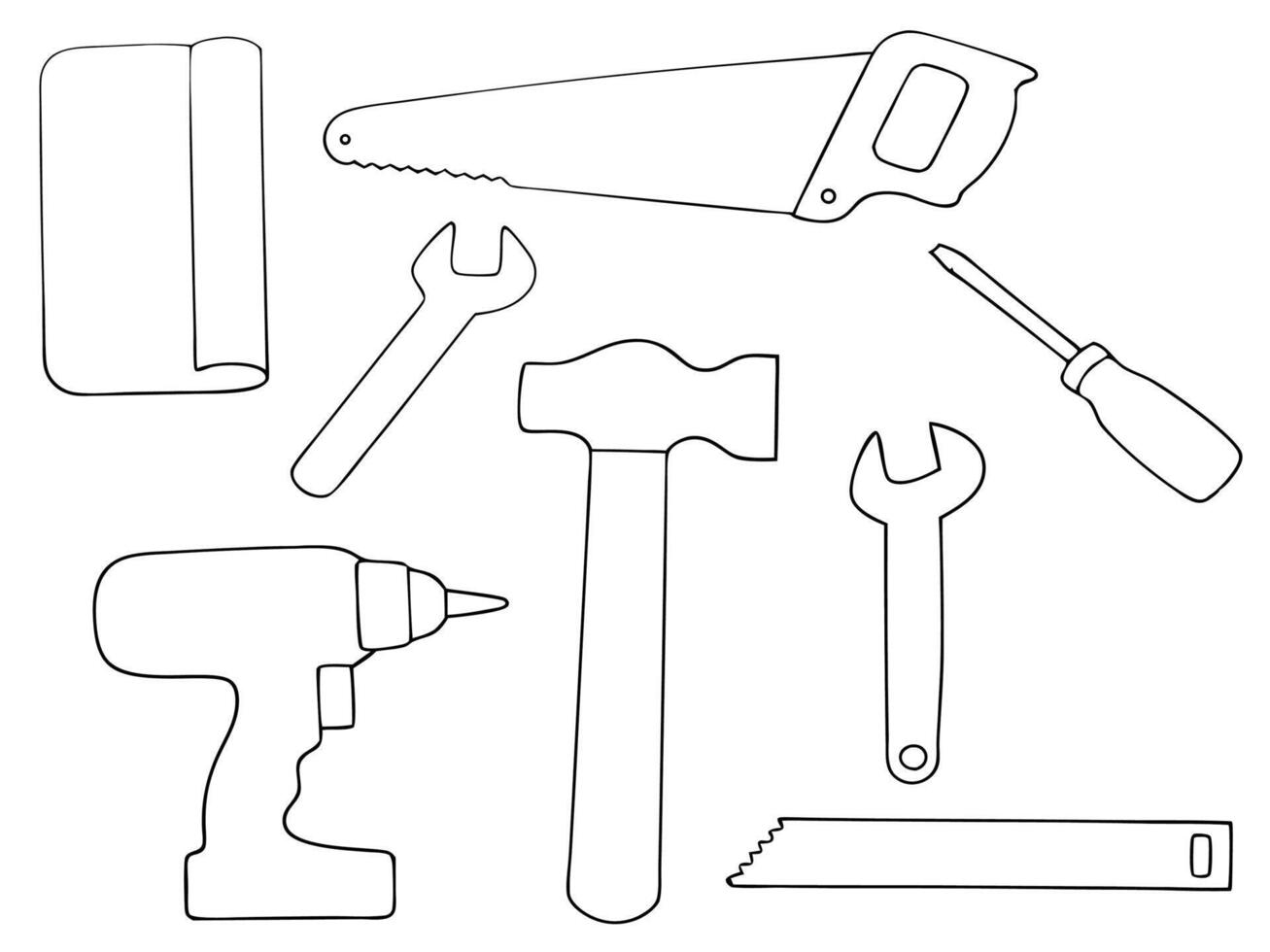 Outlined hand tools in black and white including saw screwdriver hammer wrench and drill for design purposes vector