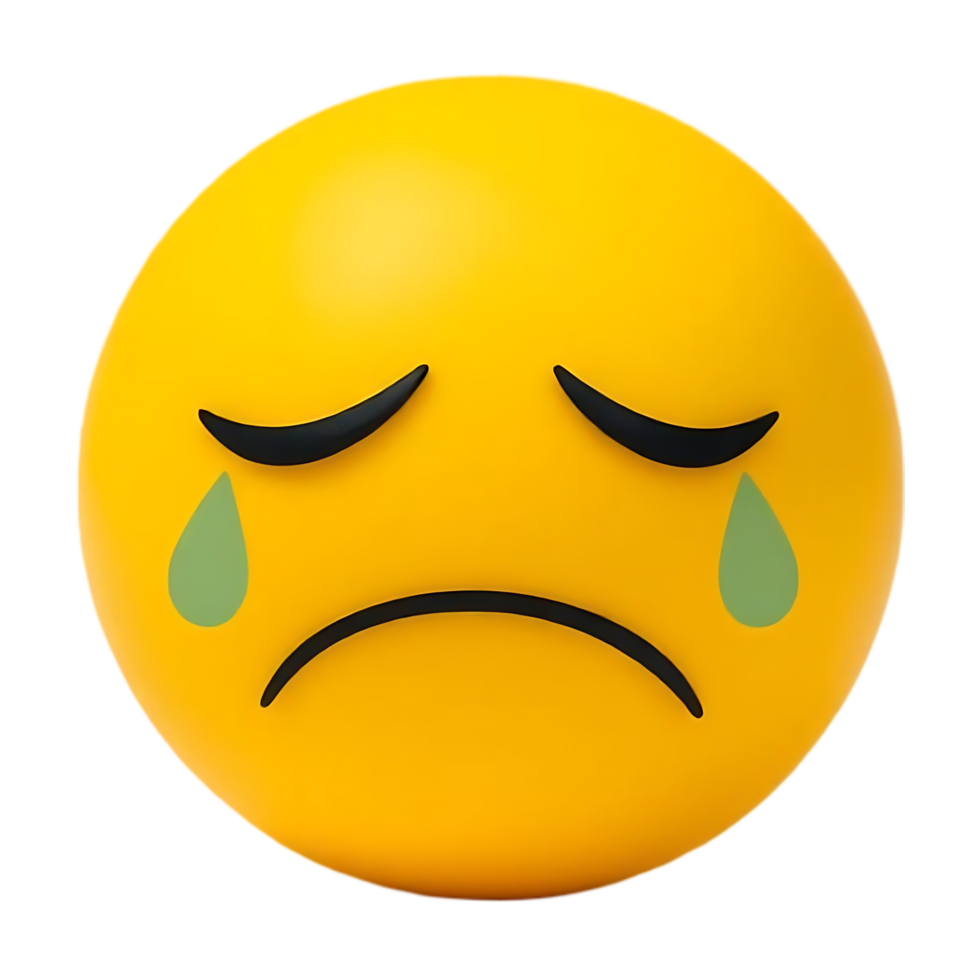 Yellow emoji face displaying a sad expression with teardrops on a transparent background. png