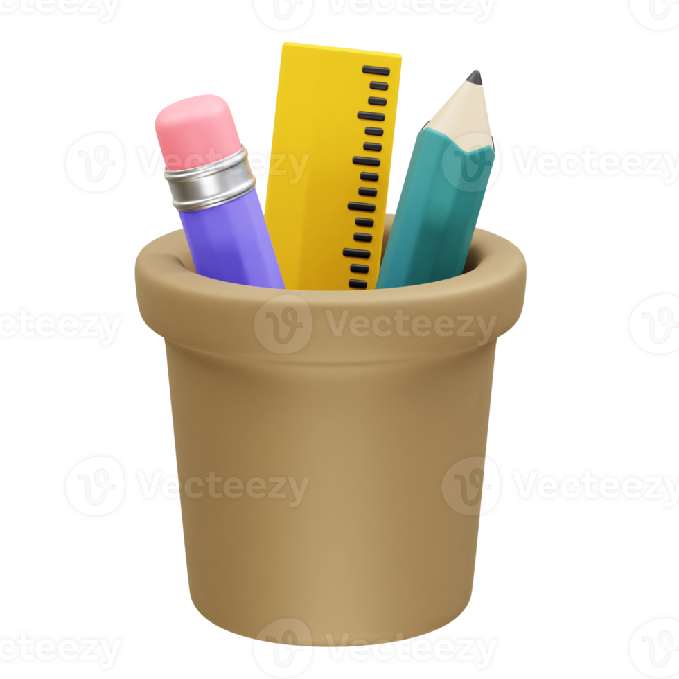 Pencil Holder with Pencils and a Ruler icon 3d render illustration png