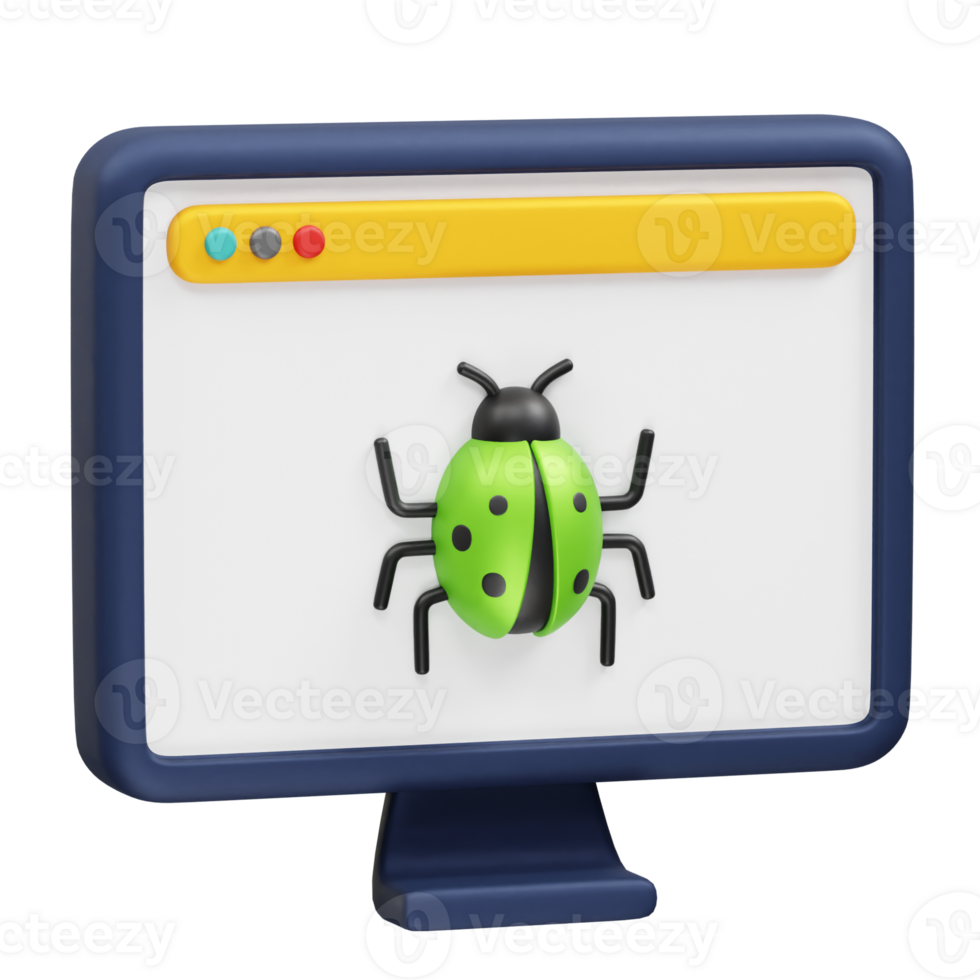 Bug on computer monitor, software error, debugging icon illustration 3d png