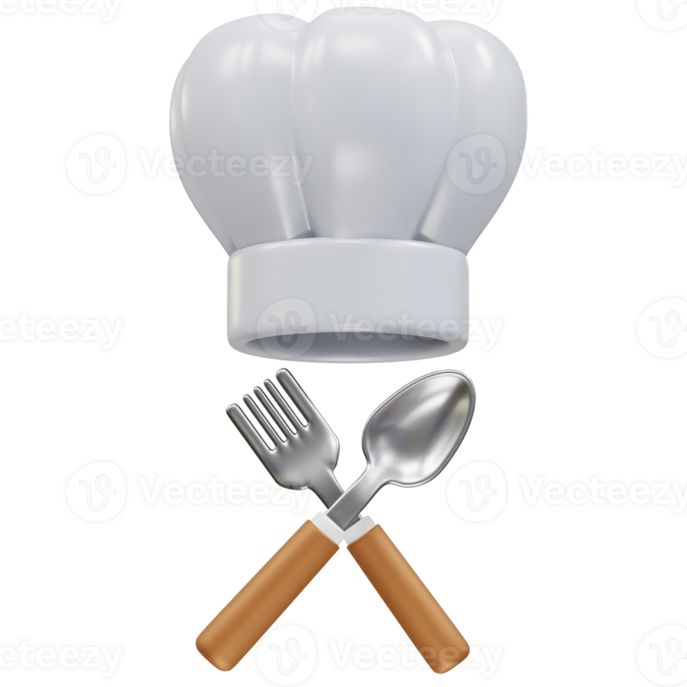 chef hat and crossed fork and spoon icon 3d rendering illustration png