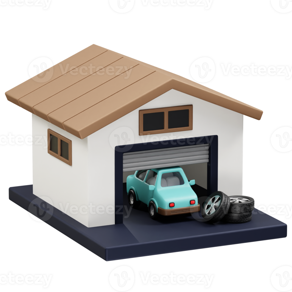 Car Garage 3d icon illustration rendering. Home garage with tire icon illustration render png