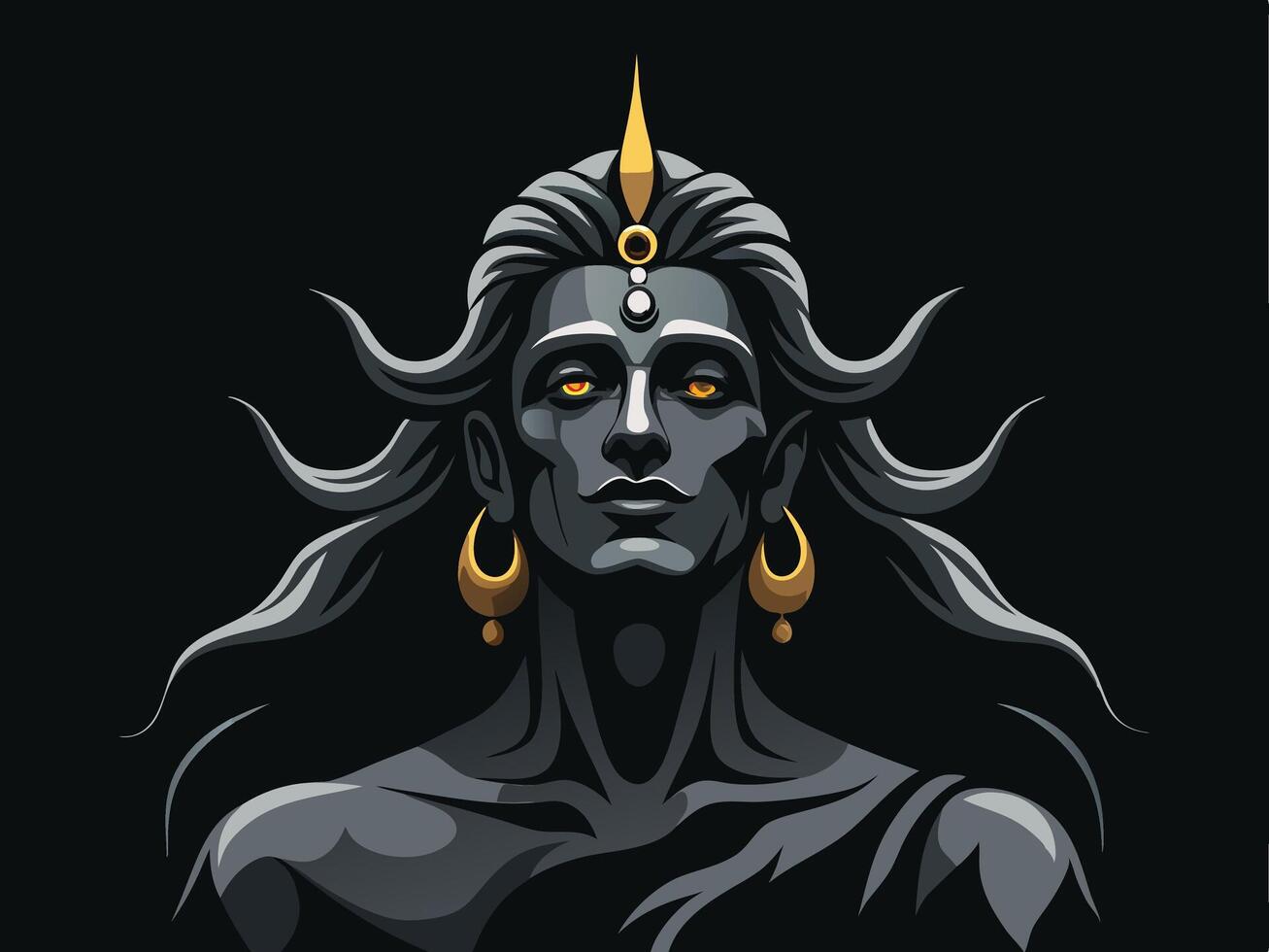 Illustrative portrait of the hindu god shiva with gold adornments and dark themed background vector