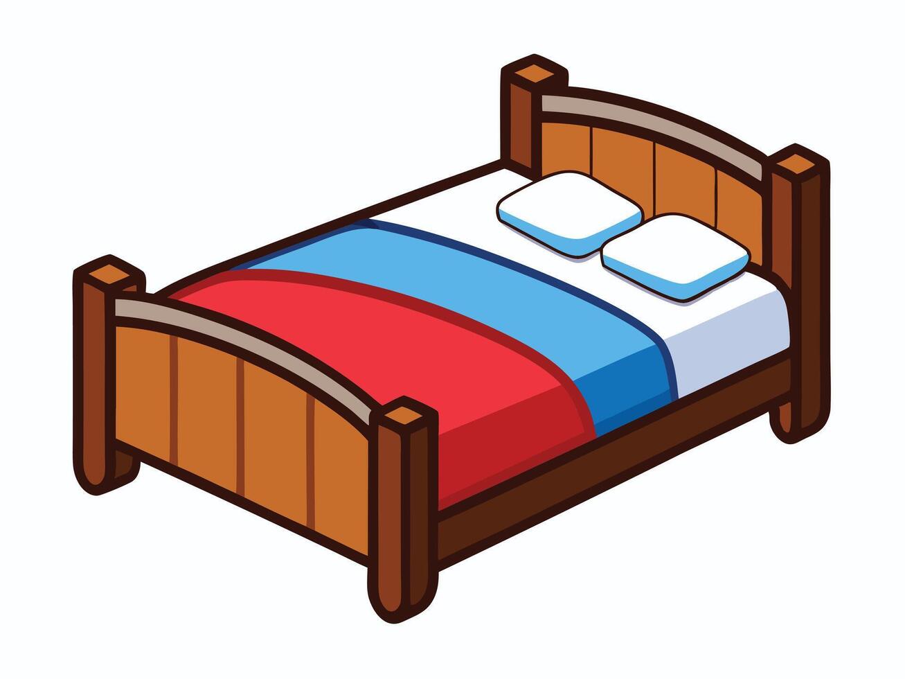 Isometric cartoon illustration of a wooden bed with pillows and colorful bedding suitable for children vector