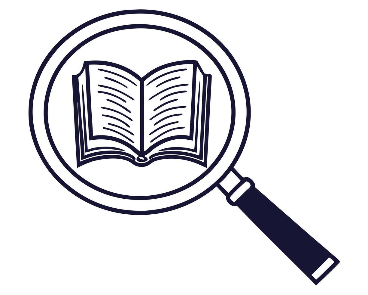 Open book inside magnifying glass demonstrating knowledge learning and research concept vector