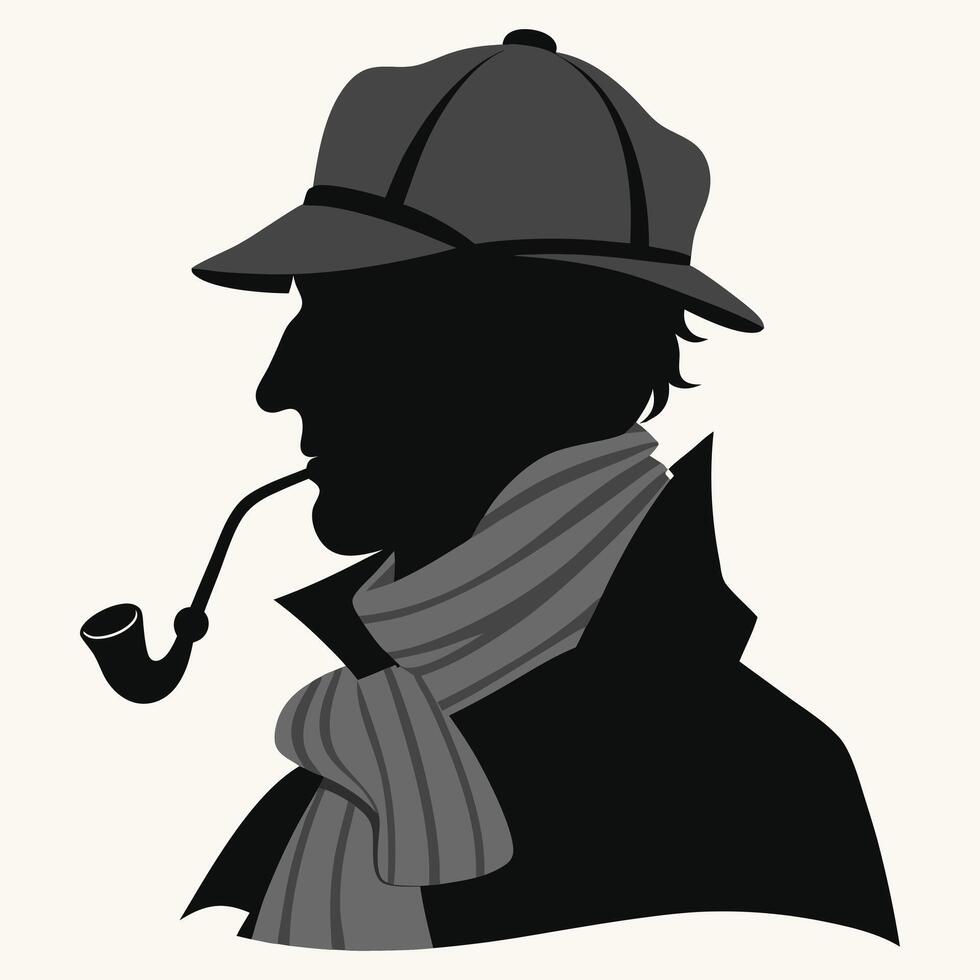 Silhouette illustration of a detective with a pipe wearing a scarf and a classic hat vector