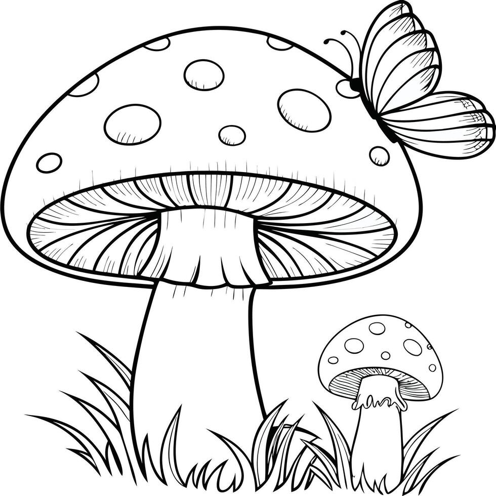 Charming line art illustration featuring a whimsical mushroom and a delicate butterfly in a garden vector
