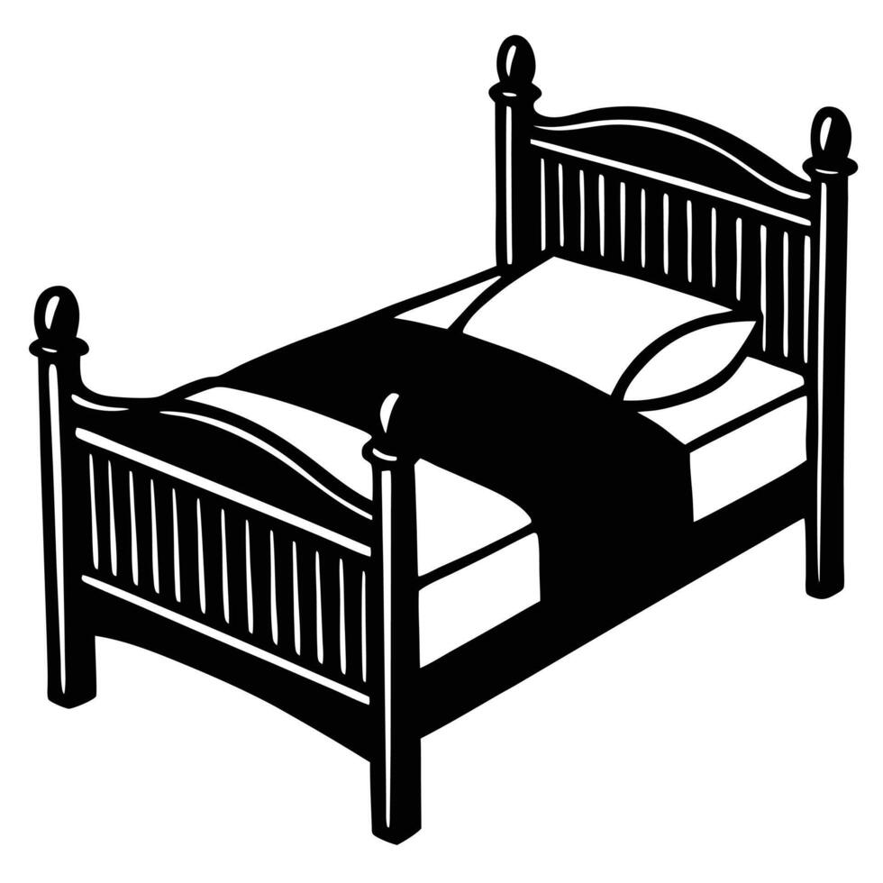 Black and white illustration of a classic wooden bed with a pillow and blanket ready for sleeping vector