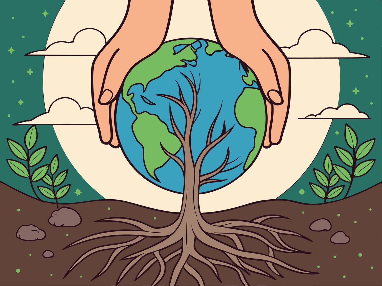 Earth protected by hands growing from a tree representing environmental protection and earth day vector