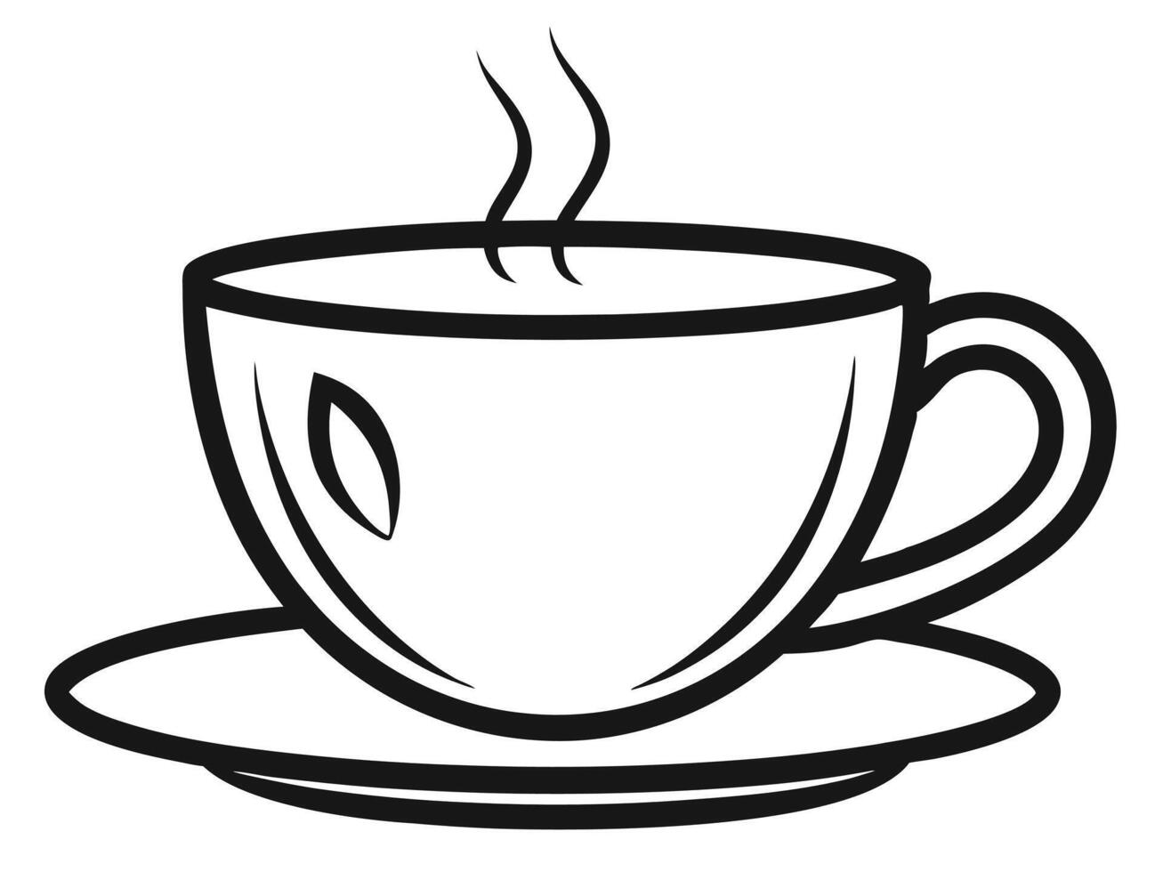 Simple black and white illustration of a steaming cup of coffee or tea on a saucer vector