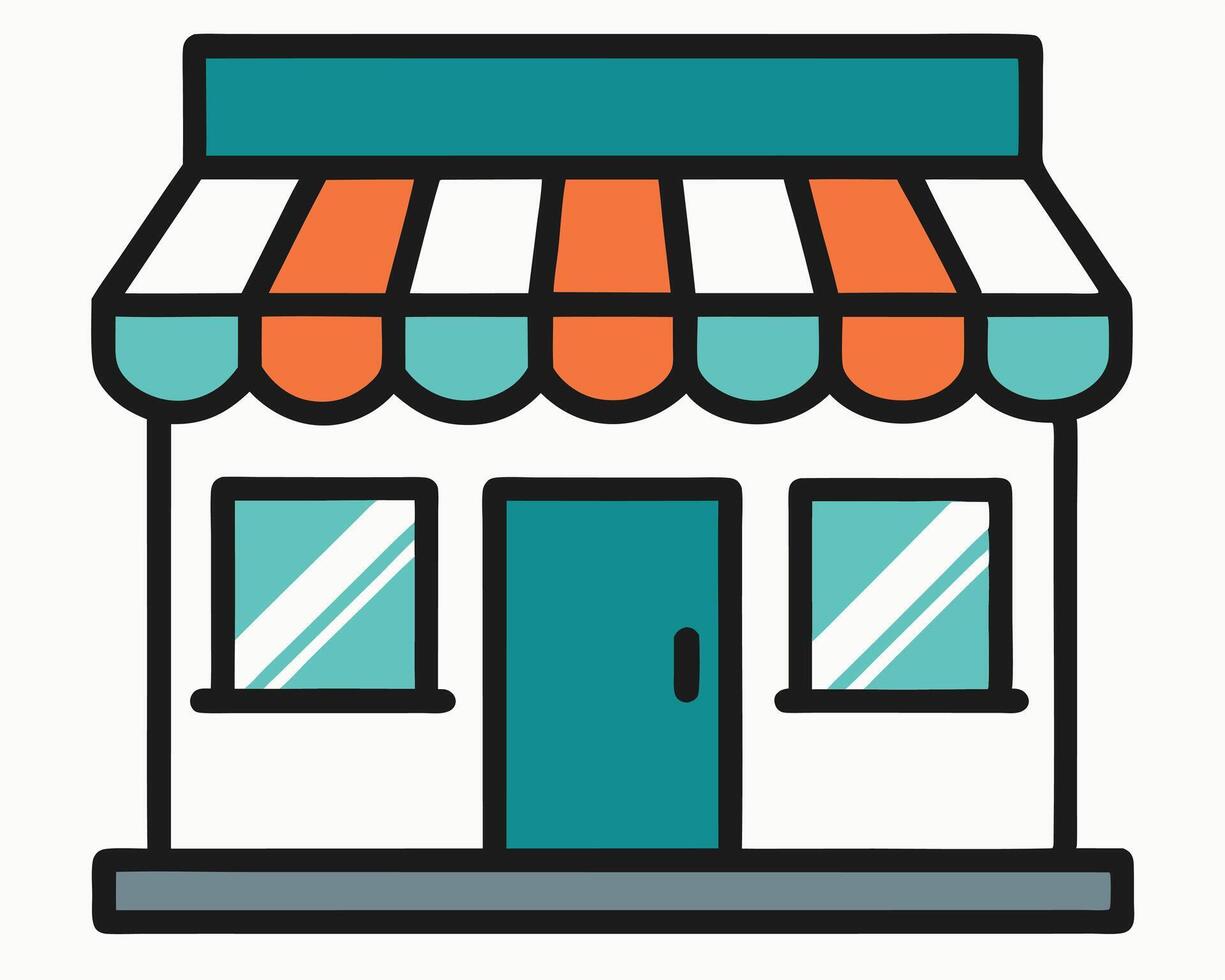 Colorful flat illustration of a small shop building with awning and windows in style vector