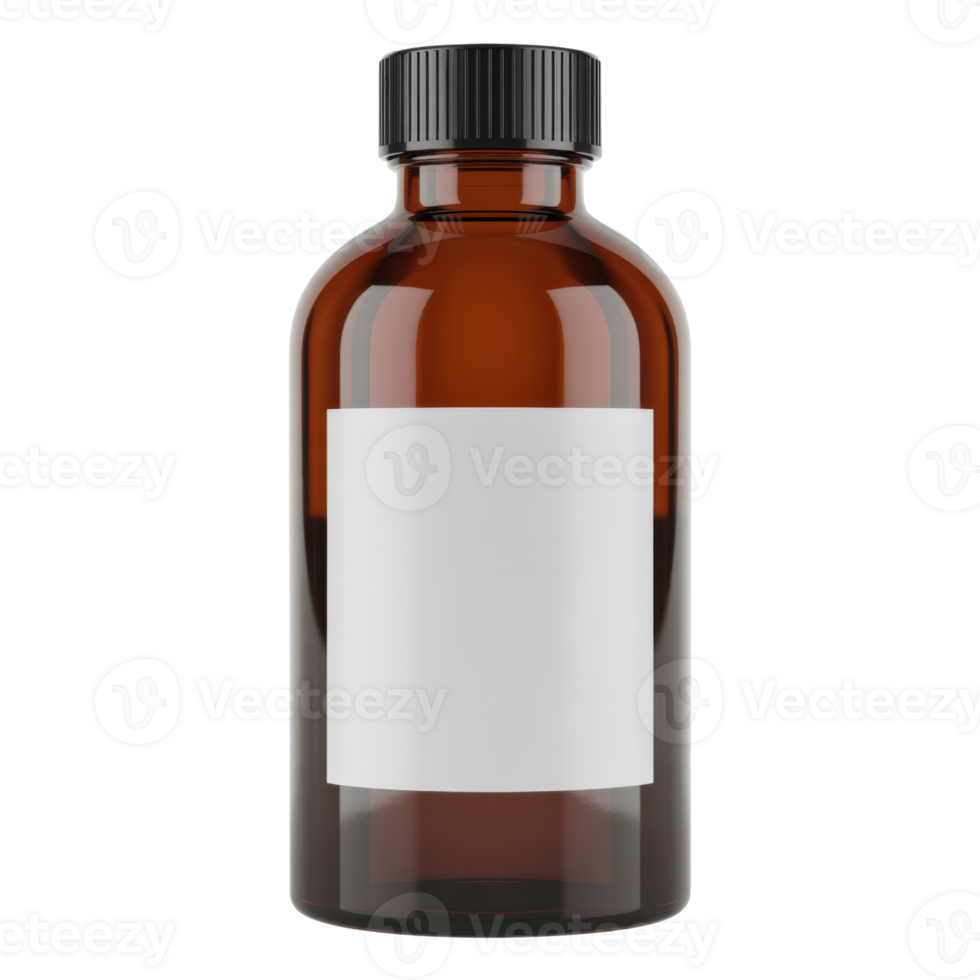 Amber Glass Bottle With Black Cap And Blank White Label On Transparent Background png