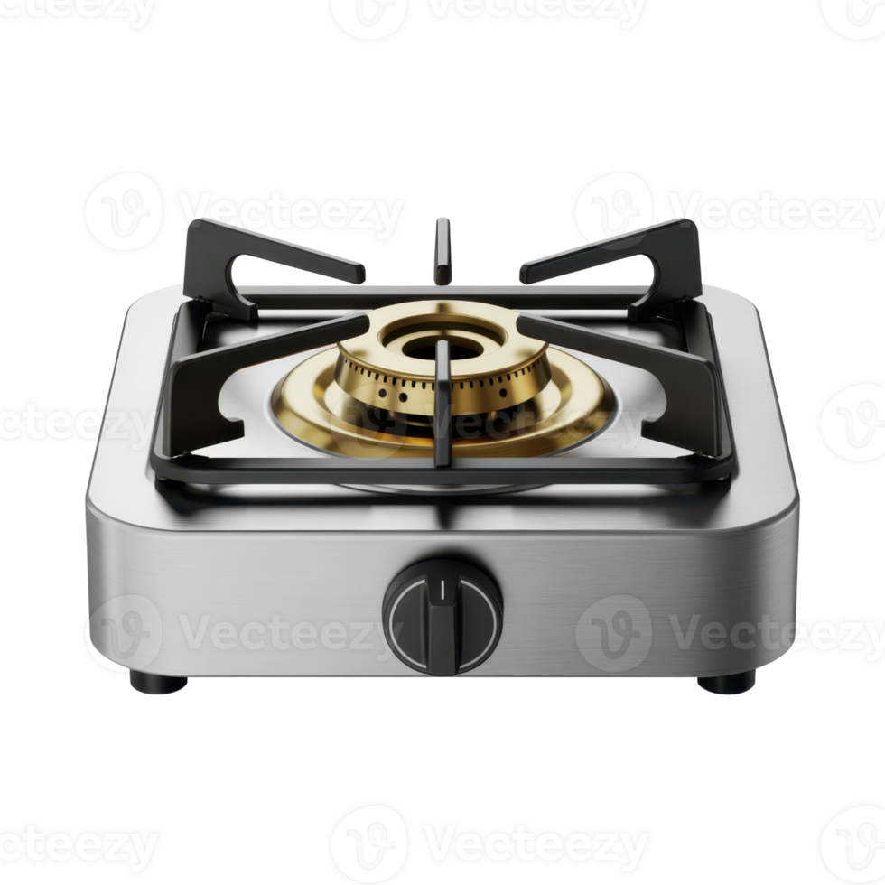 Modern Stainless Steel Gas Stove with Gold Burner and Black Handles on Transparent Background png